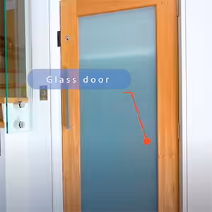 Frosted glass door compass lift with wooden frame and handle.