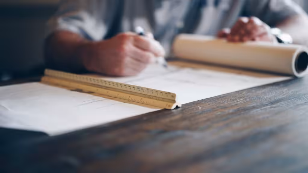 Person drawing architectural plans on a table.