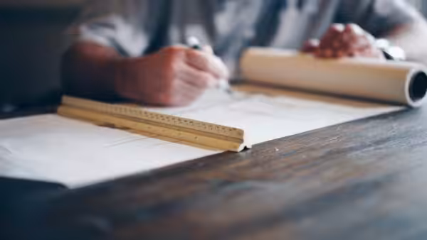 Person drawing architectural plans on a table.