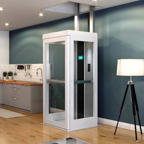 Compact home elevator in modern kitchen space.