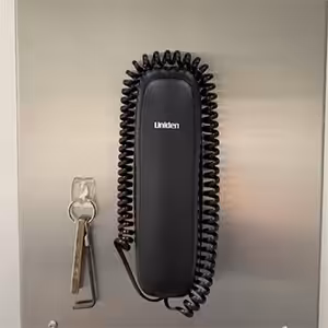 Wall-mounted black phone with keys on a hook.