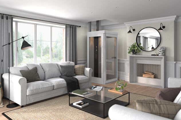 Modern living room with iconic home lift and fireplace